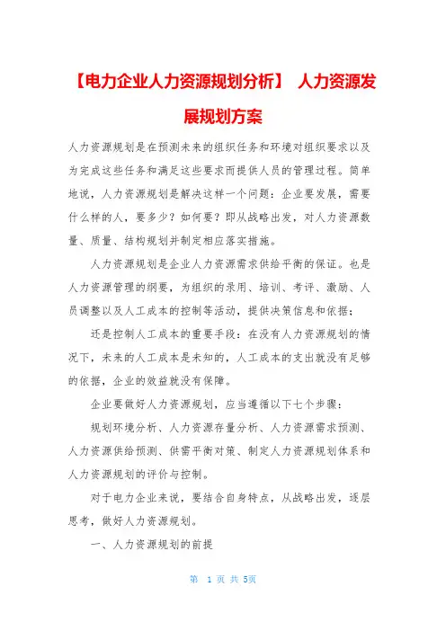 【电力企业人力资源规划分析】 人力资源发展规划方案