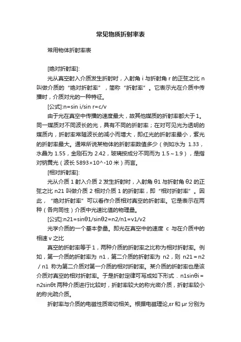 常见物质折射率表