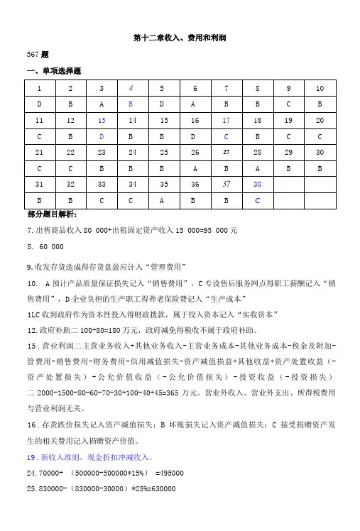 财务会计习题与实训(第四版答案)12第十二章收入费用利润(答案)