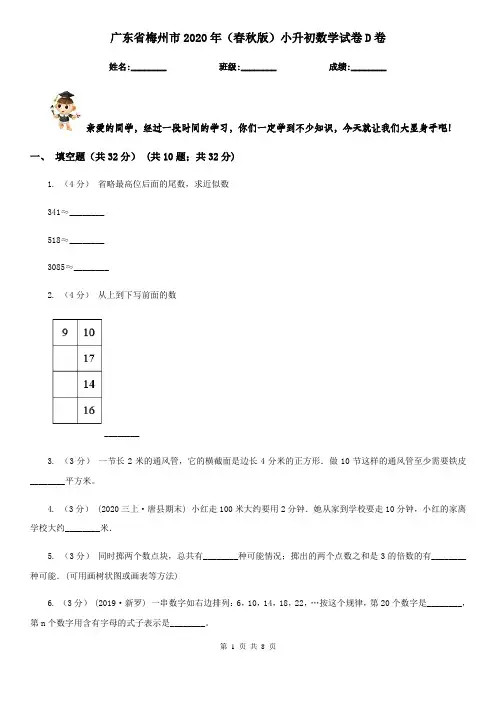 广东省梅州市2020年(春秋版)小升初数学试卷D卷