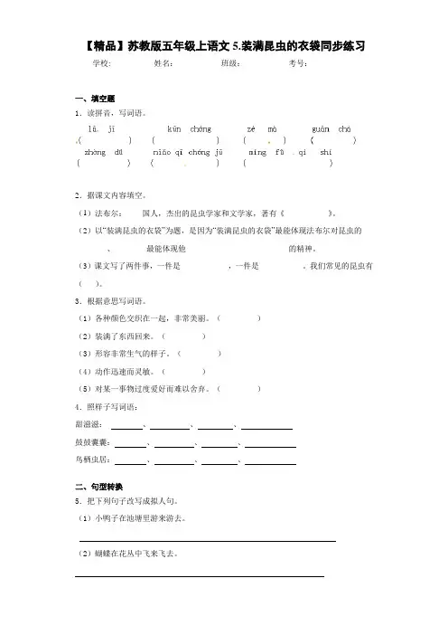 小学五年级上语文5.装满昆虫的衣袋同步练习(含答案解析)