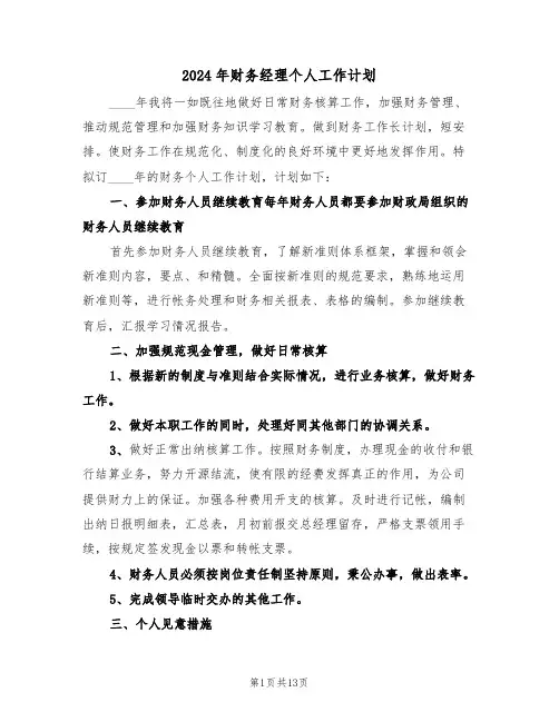 2024年财务经理个人工作计划（5篇）