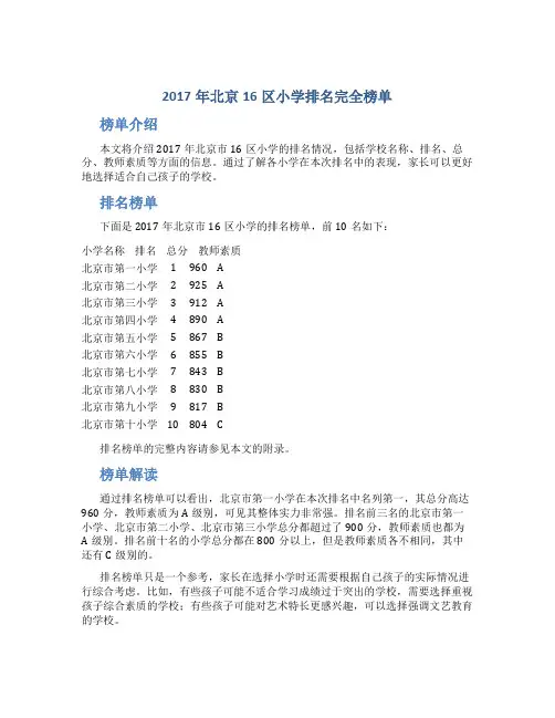 2017年北京16区小学排名完全榜单