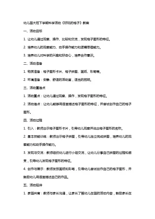 幼儿园大班下学期科学活动《好玩的格子》教案