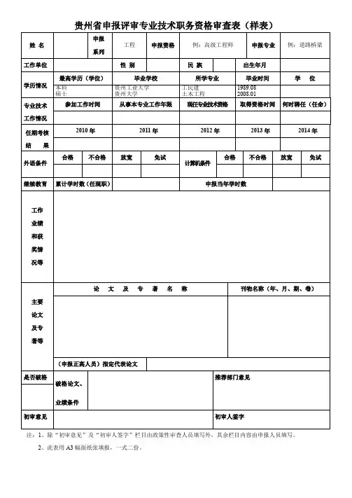 贵州省申报评审专业技术职务资格审查表(样表)
