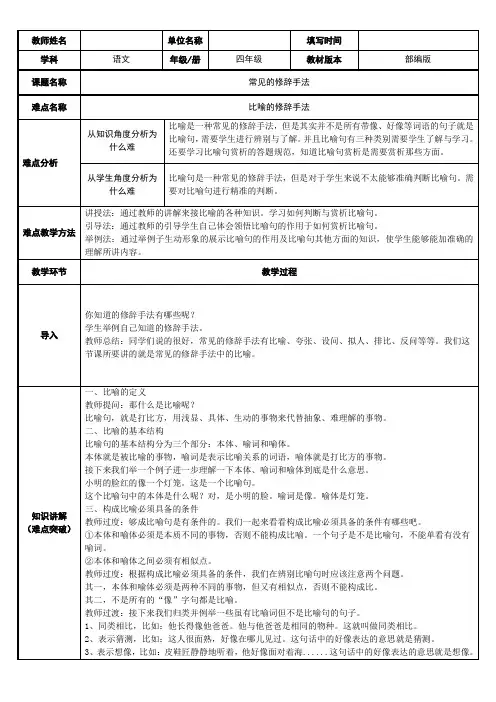 人教部编版四年级语文上册《比喻句》教学设计