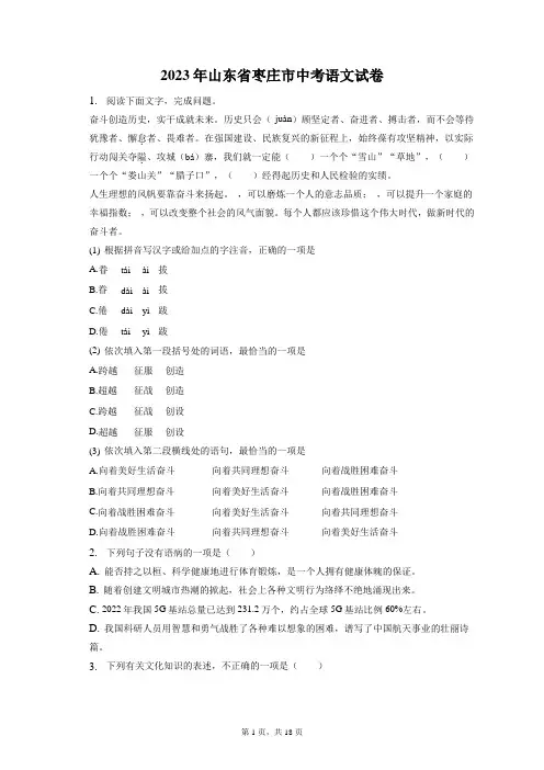 2023年山东省枣庄市中考语文试卷和答案解析