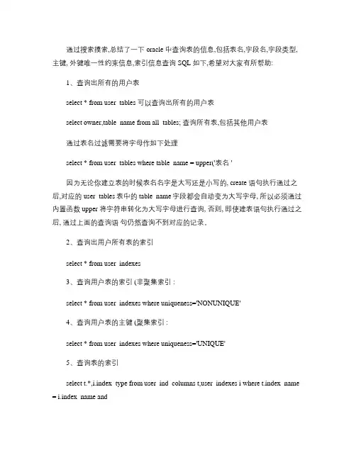 oracle中查询表的信息,包括表名,字段名,字段类型,主键(精)
