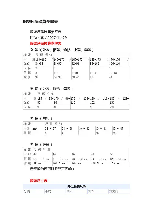 服装尺码换算参照表
