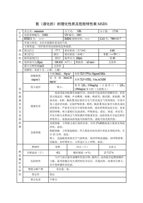 氨(液化的)的理化性质及危险特性表MSDS