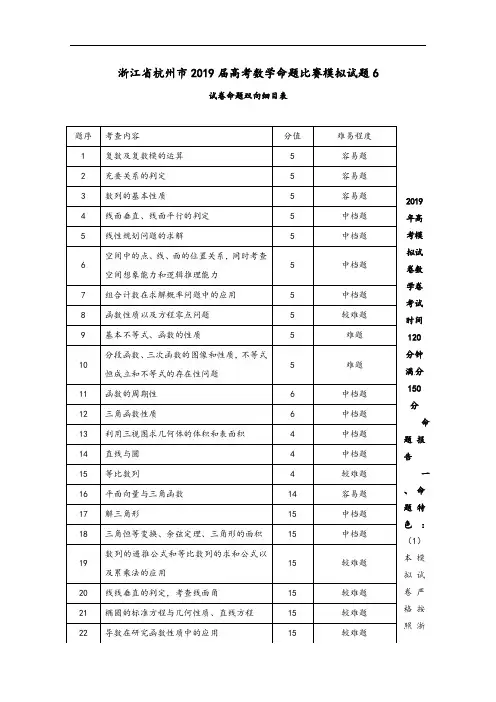 浙江省杭州市2019届高考数学命题比赛模拟试题6及参考答案