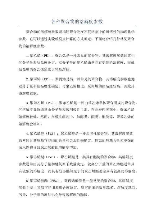 各种聚合物的溶解度参数