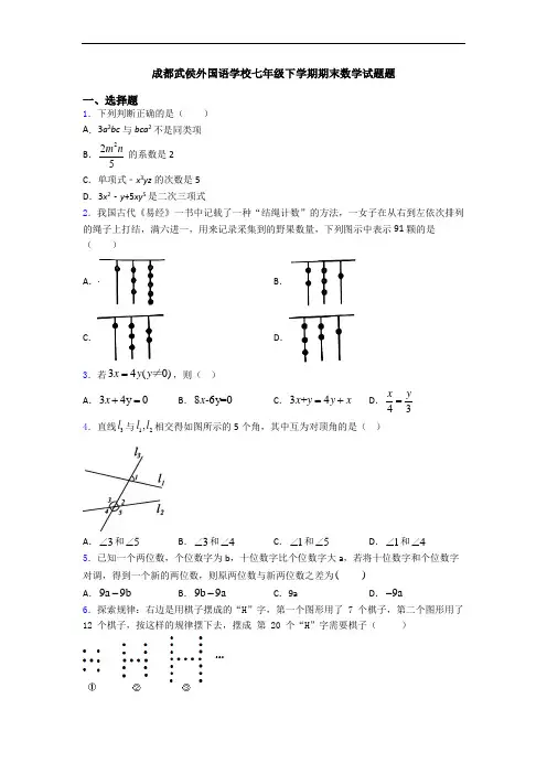 成都武侯外国语学校七年级下学期期末数学试题题