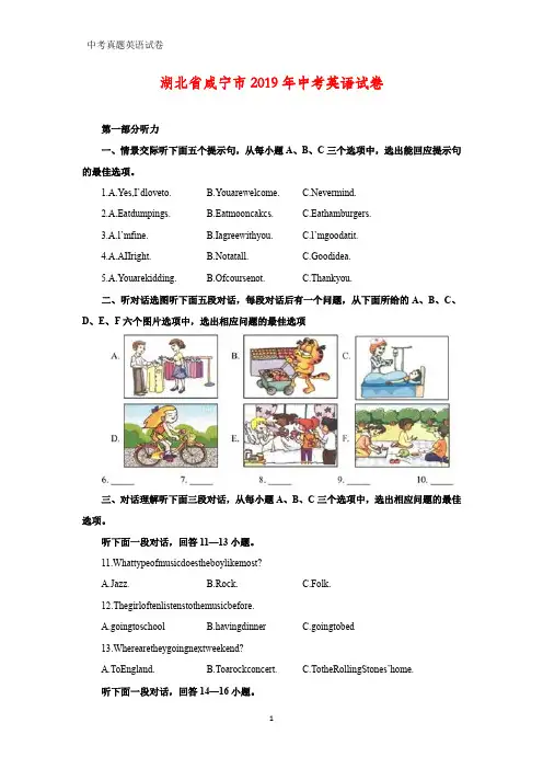 2019年湖北省咸宁市中考真题英语试题(答案+解析)