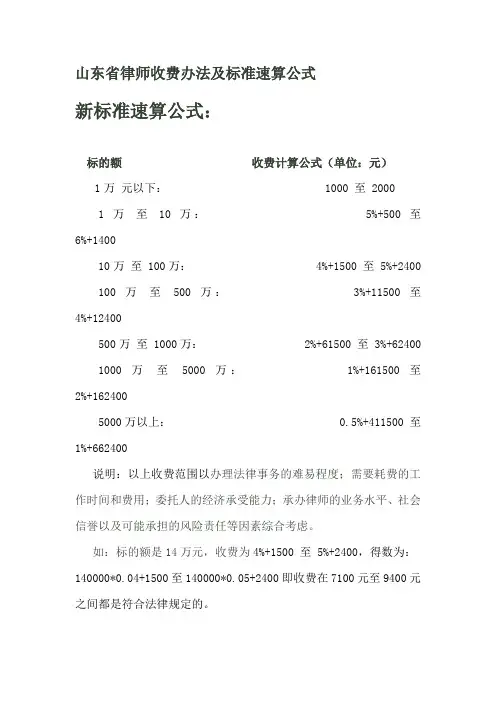 山东省律师收费办法及速算公式