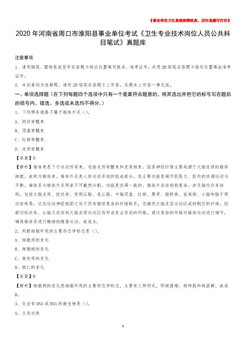 2020年河南省周口市淮阳县《卫生专业技术岗位人员公共科目笔试》真题
