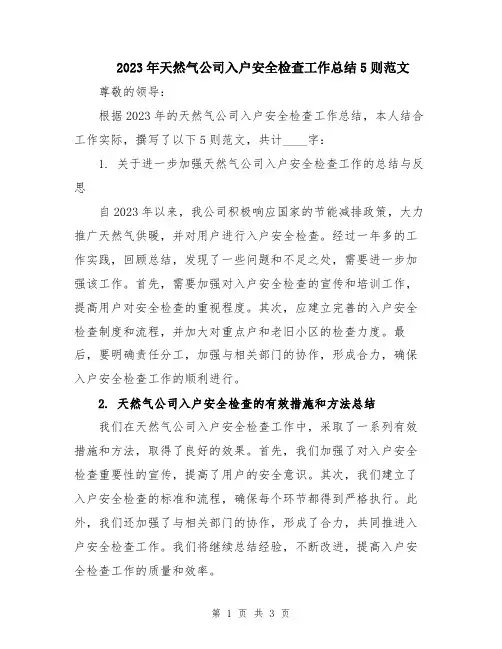 2023年天然气公司入户安全检查工作总结5则范文