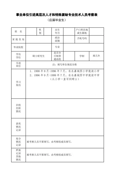 事业单位引进高层次人才和特殊紧缺专业技术人员考察表(应届生)
