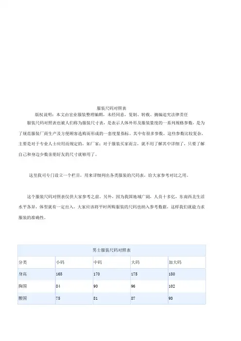 尺码对照表~衣服、裤子、鞋大小尺寸