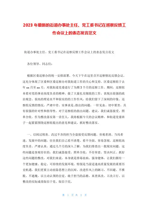 2023年最新的街道办事处主任、党工委书记在巡察反馈工作会议上的表态发言范文
