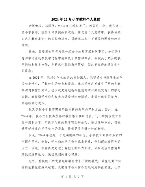 2024年12月小学教师个人总结
