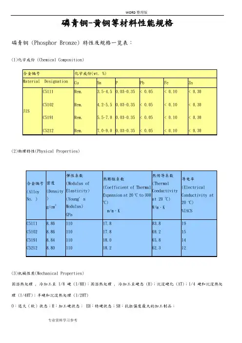 磷青铜_黄铜等材料性能规格