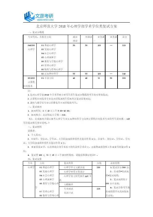 北京师范大学2018年心理学部学术学位类复试方案