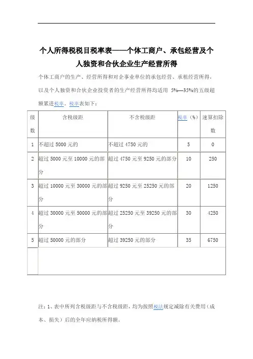 个人独资和合伙企业生产经营所得--个人所得税税目税率表