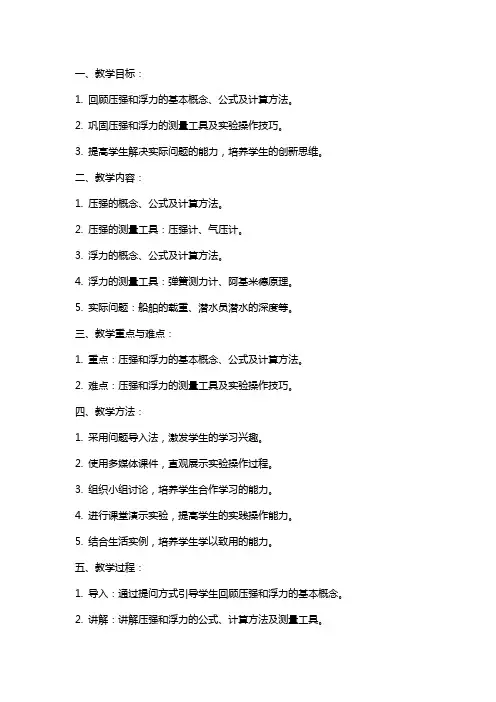 八年级物理下册第八章《压强与浮力》复习教案北师大版