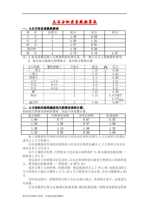 土石方松实系数换算表最新版