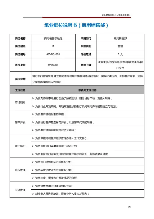 纸业职位说明书(商用销售部)