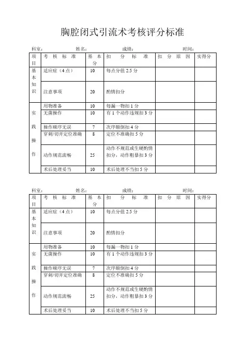 胸腔闭式引流术考核评分标准