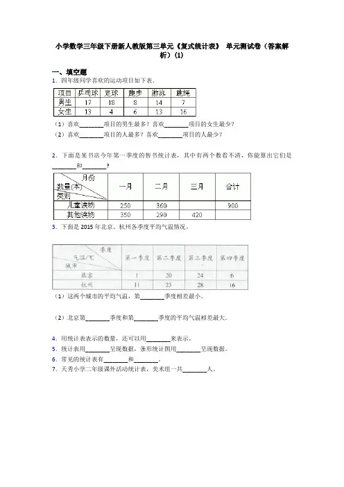 小学数学三年级下册新人教版第三单元《复式统计表》 单元测试卷(答案解析)(1)