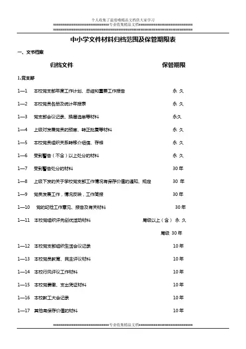 中小学文件材料归档范围及保管期限表
