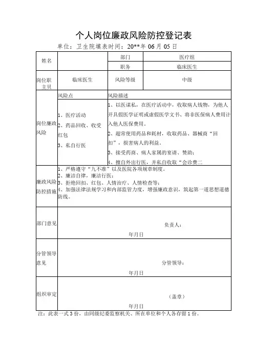 个人岗位廉政风险防控登记表