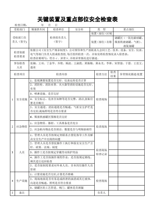 关键装置及重点部位安全检查表