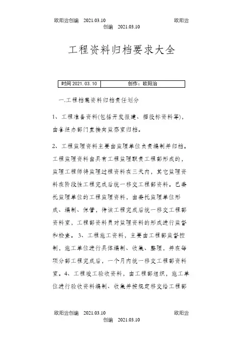 工程资料归档要求大全之欧阳治创编
