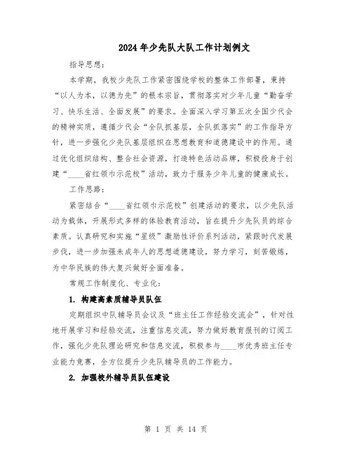 2024年少先队大队工作计划例文（五篇）