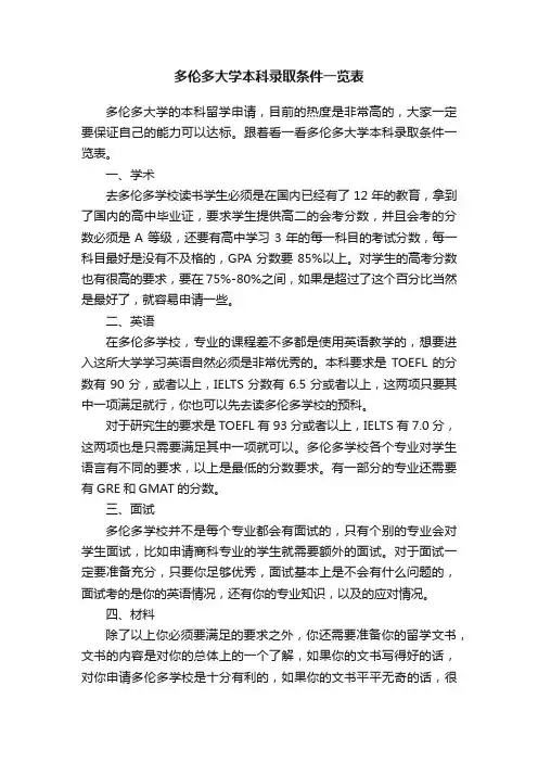 多伦多大学本科录取条件一览表