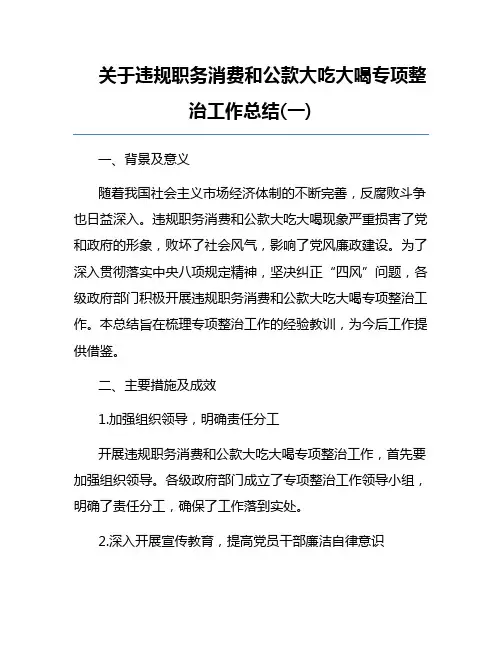 关于违规职务消费和公款大吃大喝专项整治工作总结(一)