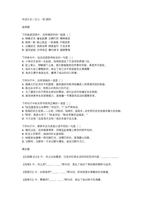 黄浦区初三语文一模2024