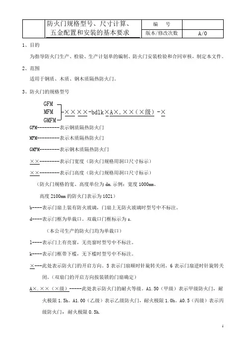 防火门规格型号、尺寸计算、五金配置和安装的基本要求
