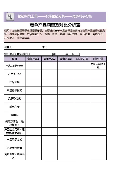 竞争产品调查及对比分析表excel表格模板