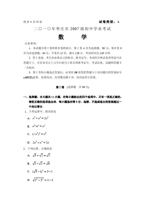 2010年山东省枣庄市数学中考真题(word版含答案)