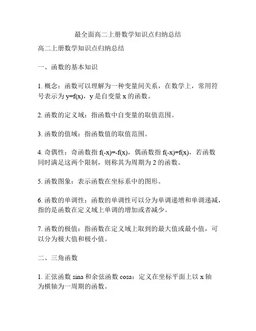 最全面高二上册数学知识点归纳总结