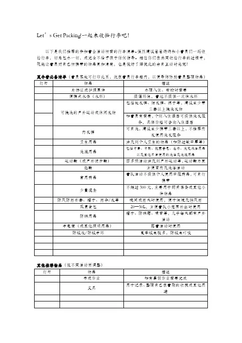研学旅行个人物料清单