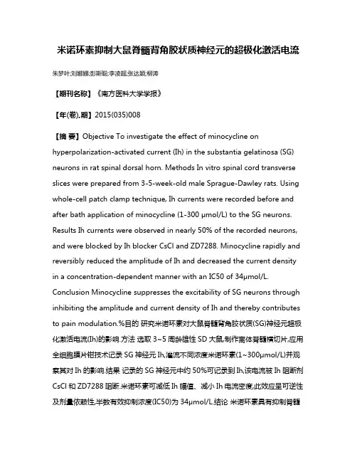 米诺环素抑制大鼠脊髓背角胶状质神经元的超极化激活电流