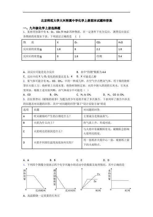 北京师范大学大兴附属中学化学初三化学上册期末试题和答案
