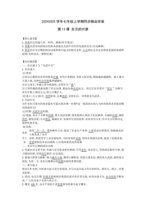 3.13东汉的兴衰学案七年级历史上册