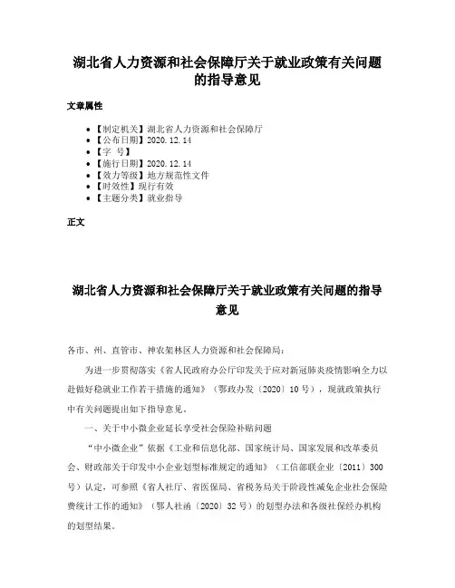 湖北省人力资源和社会保障厅关于就业政策有关问题的指导意见